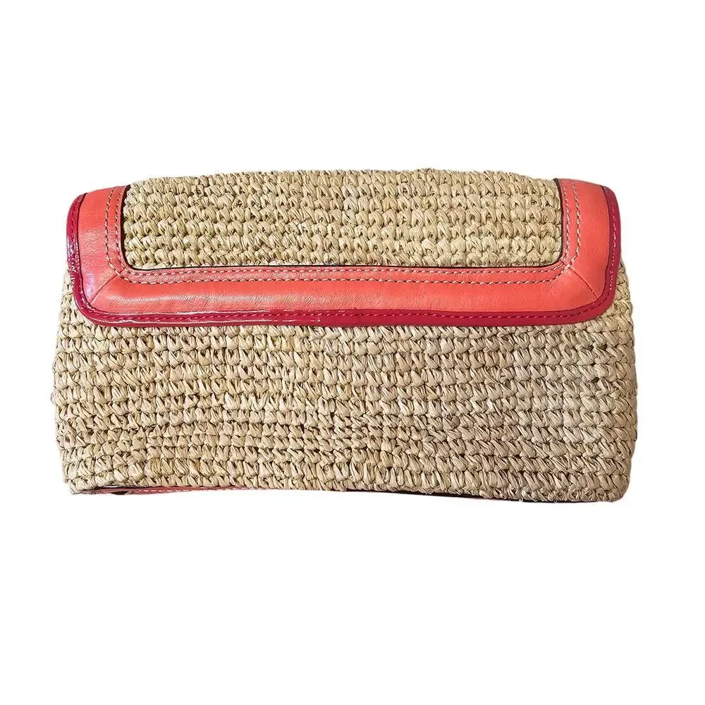 Coach Straw Rafia Flap Clutch Wristlet Natural/Tangerine